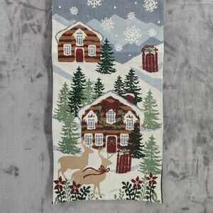 Christmas Tapestry Table Runner Winter Scene Snow Cabin Deer 13 X 72 inches